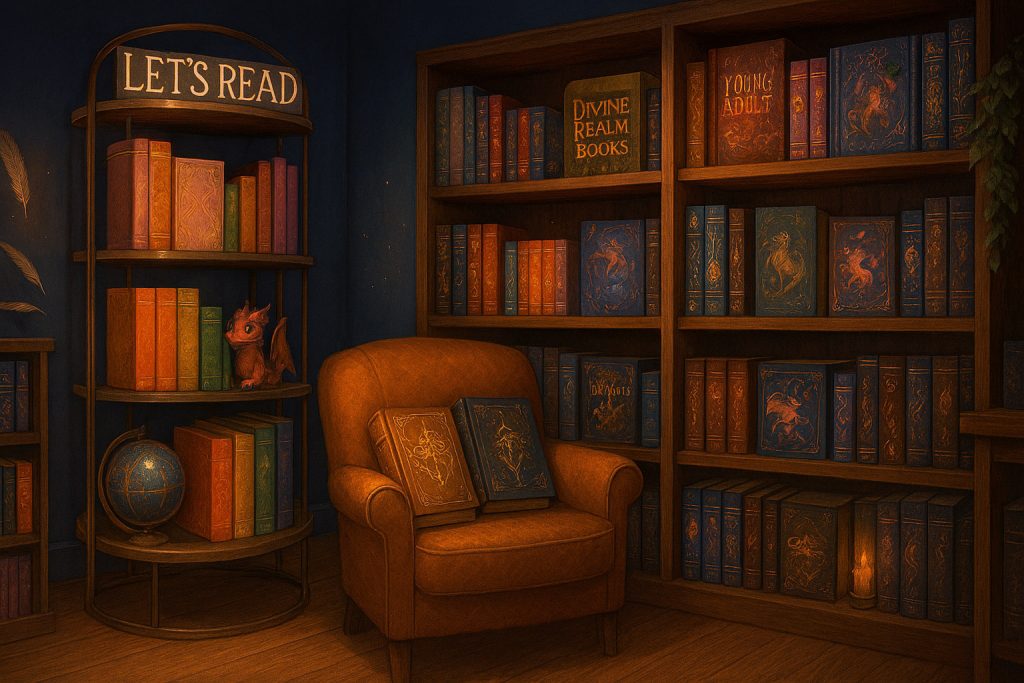 Cozy fantasy bookstore interior with magical bookshelves, warm lighting, and whimsical details like a small dragon and floating quills